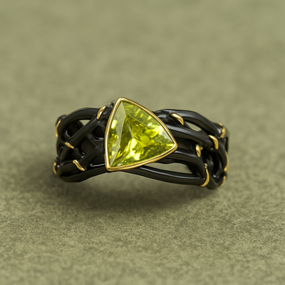 Braided Black Gold Ring With Green Gemstone